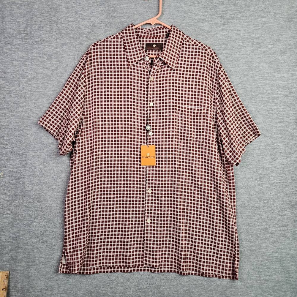 Toscano Mens XL Red White Check Silk Rayon Short Sleeve Shirt NWT